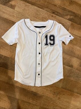 Champion White Kids Baseball Jersey with Navy Piping and Patch - Size 8